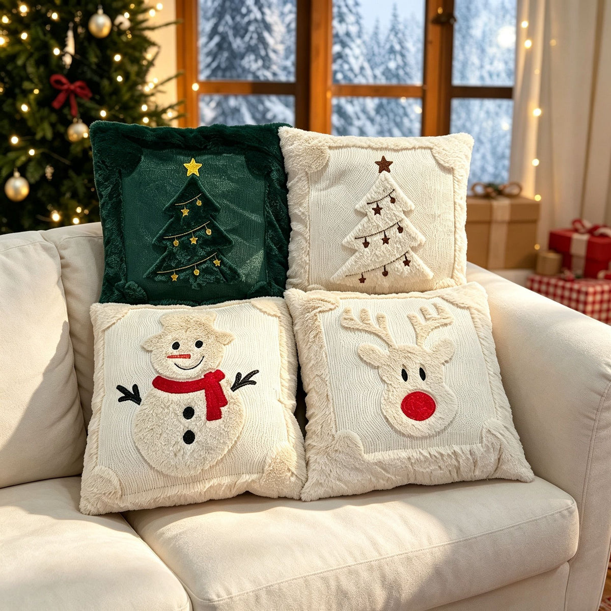 Set of 2 Christmas Cushion Covers - New Red Large Christmas Tree (Pillow filling not included)