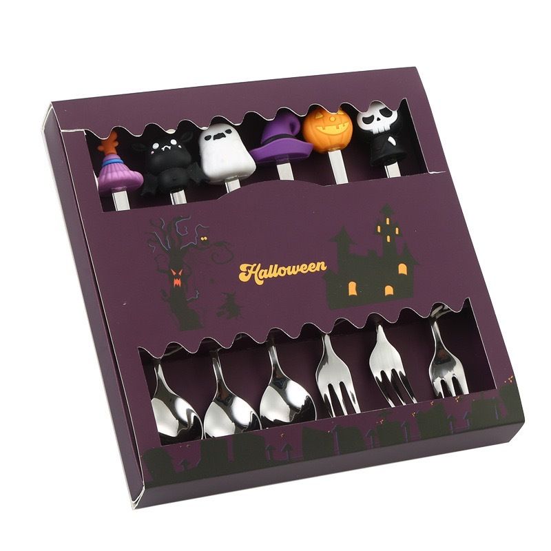 🎃 Halloween Cartoon Coffee Spoon Gift Box! Stainless Steel Pumpkin Ghost Stirring Spoon Dessert Fork, One-Piece Construction Easy to Clean, Exquisite Gift Box Packaging, Must-Have Creative Party Gift! ✨ (6-Piece Set Silver)