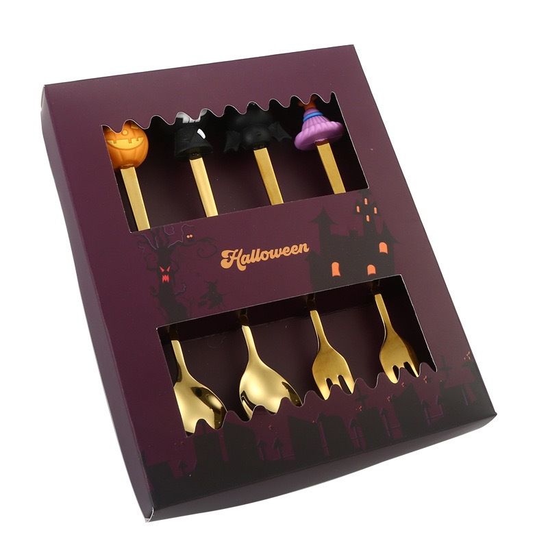🎃 Halloween Cartoon Coffee Spoon Gift Box! Stainless Steel Pumpkin Ghost Stirring Spoon Dessert Fork, One-Piece Construction Easy to Clean, Exquisite Gift Box Packaging, Must-Have Creative Party Gift! ✨ (6-Piece Set GOLD)