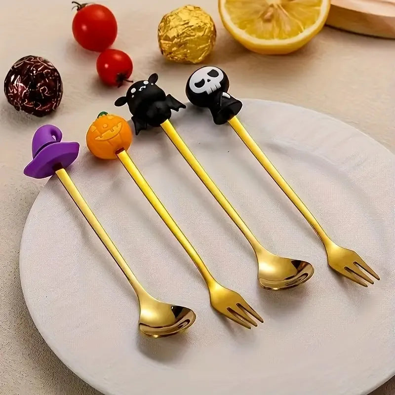 🎃 Halloween Cartoon Coffee Spoon Gift Box! Stainless Steel Pumpkin Ghost Stirring Spoon Dessert Fork, One-Piece Construction Easy to Clean, Exquisite Gift Box Packaging, Must-Have Creative Party Gift! ✨ (4-pcs GOLD)