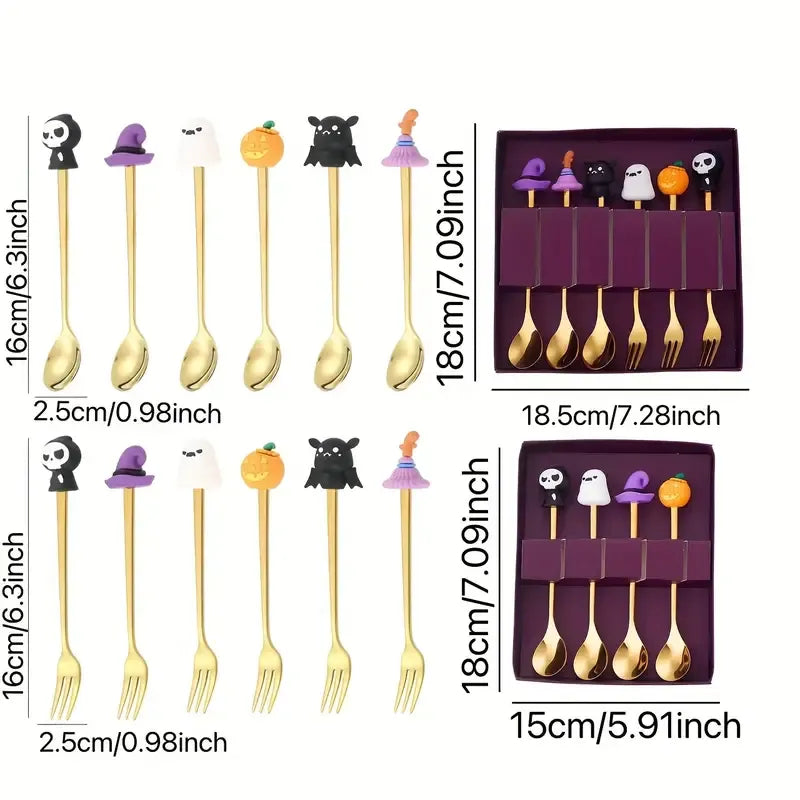 🎃 Halloween Cartoon Coffee Spoon Gift Box! Stainless Steel Pumpkin Ghost Stirring Spoon Dessert Fork, One-Piece Construction Easy to Clean, Exquisite Gift Box Packaging, Must-Have Creative Party Gift! ✨ (4-pcs GOLD)