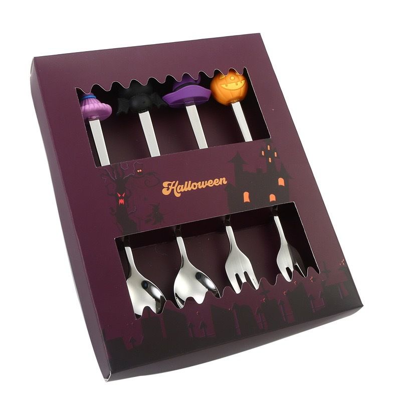🎃 Halloween Cartoon Coffee Spoon Gift Box! Stainless Steel Pumpkin Ghost Stirring Spoon Dessert Fork, One-Piece Construction Easy to Clean, Exquisite Gift Box Packaging, Must-Have Creative Party Gift! ✨ (4-pcs GOLD)