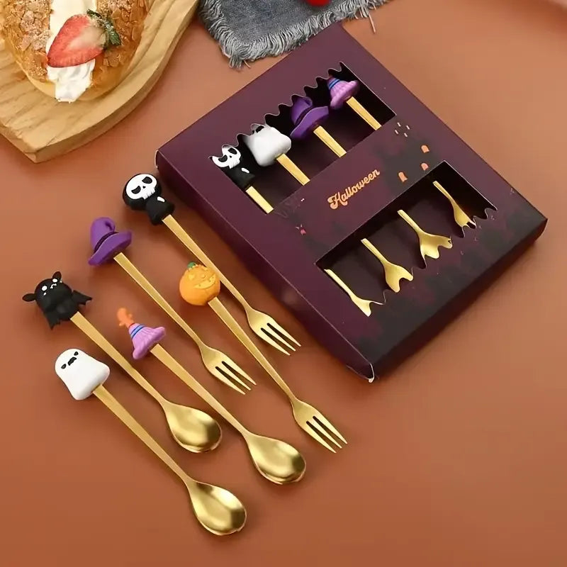 🎃 Halloween Cartoon Coffee Spoon Gift Box! Stainless Steel Pumpkin Ghost Stirring Spoon Dessert Fork, One-Piece Construction Easy to Clean, Exquisite Gift Box Packaging, Must-Have Creative Party Gift! ✨ (4-pcs Silver)