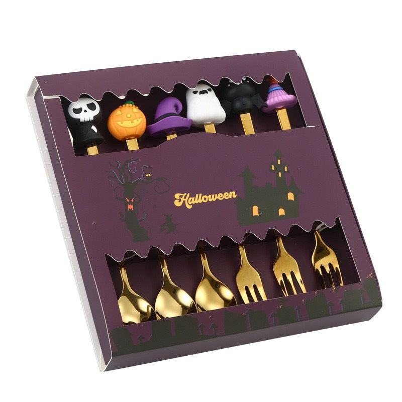 🎃 Halloween Cartoon Coffee Spoon Gift Box! Stainless Steel Pumpkin Ghost Stirring Spoon Dessert Fork, One-Piece Construction Easy to Clean, Exquisite Gift Box Packaging, Must-Have Creative Party Gift! ✨ (4-pcs Silver)