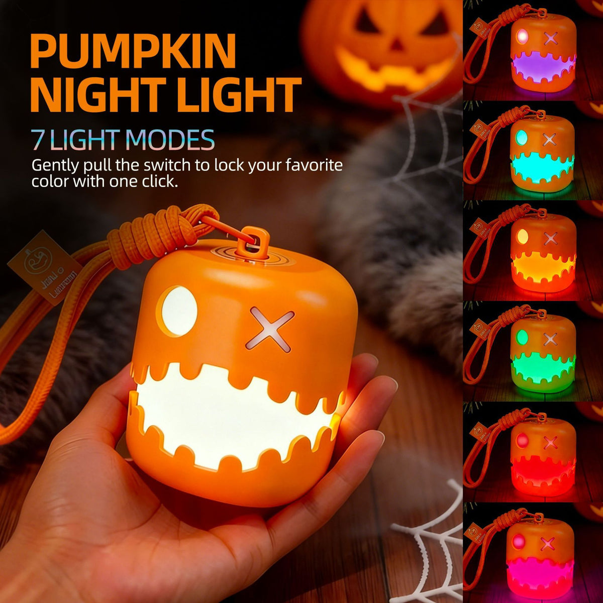 Fun Pumpkin Lantern RGB Color Changing Pull Switch Warm White Breathing Flash Lock Color PE Built-in Rechargeable Battery Portable Night Light