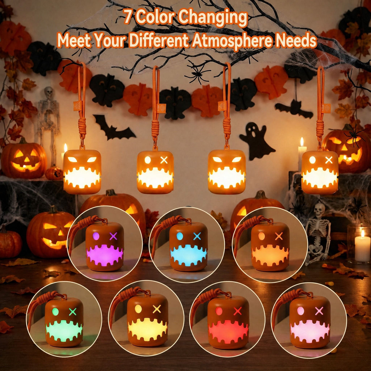 Fun Pumpkin Lantern RGB Color Changing Pull Switch Warm White Breathing Flash Lock Color PE Built-in Rechargeable Battery Portable Night Light