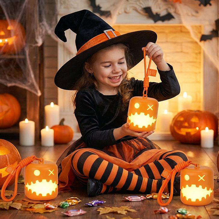 Fun Pumpkin Lantern RGB Color Changing Pull Switch Warm White Breathing Flash Lock Color PE Built-in Rechargeable Battery Portable Night Light