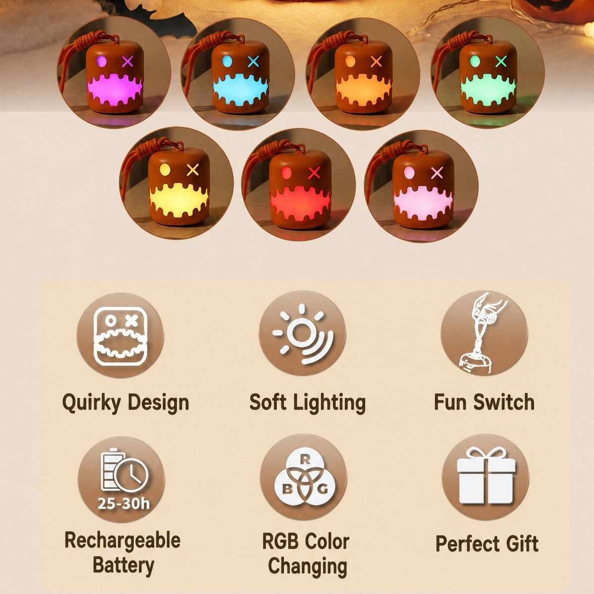 Fun Pumpkin Lantern RGB Color Changing Pull Switch Warm White Breathing Flash Lock Color PE Built-in Rechargeable Battery Portable Night Light
