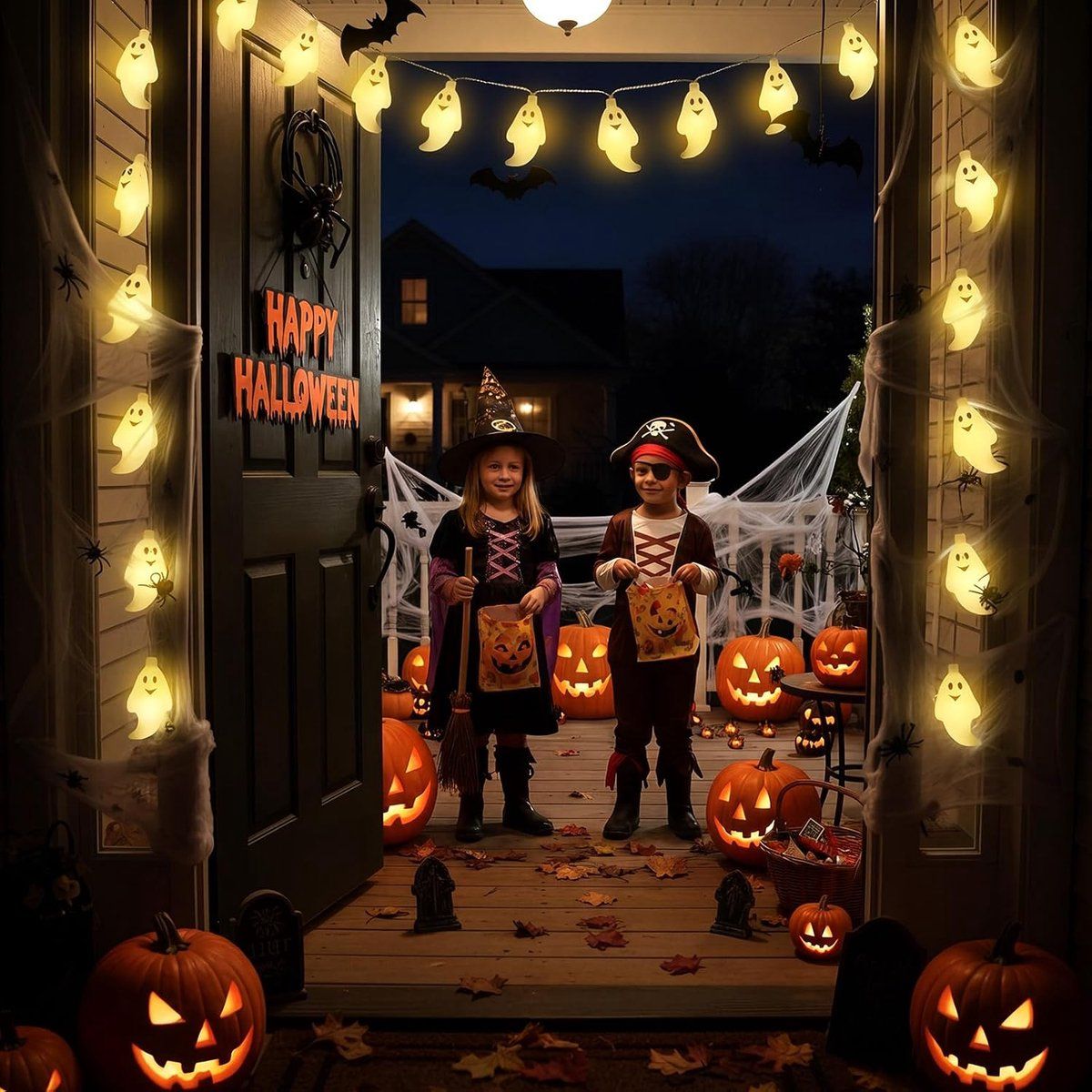 20 PCS Ghost Halloween String Lights, LED Battery Operated Fairy Lights, IP44 Waterproof for Indoor Outdoor Halloween Decoration, 3M