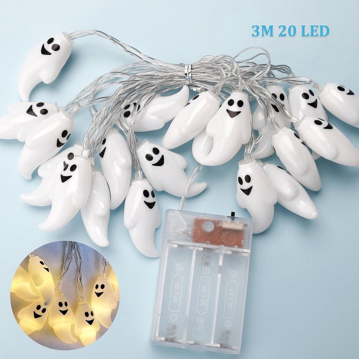 20 PCS Ghost Halloween String Lights, LED Battery Operated Fairy Lights, IP44 Waterproof for Indoor Outdoor Halloween Decoration, 3M