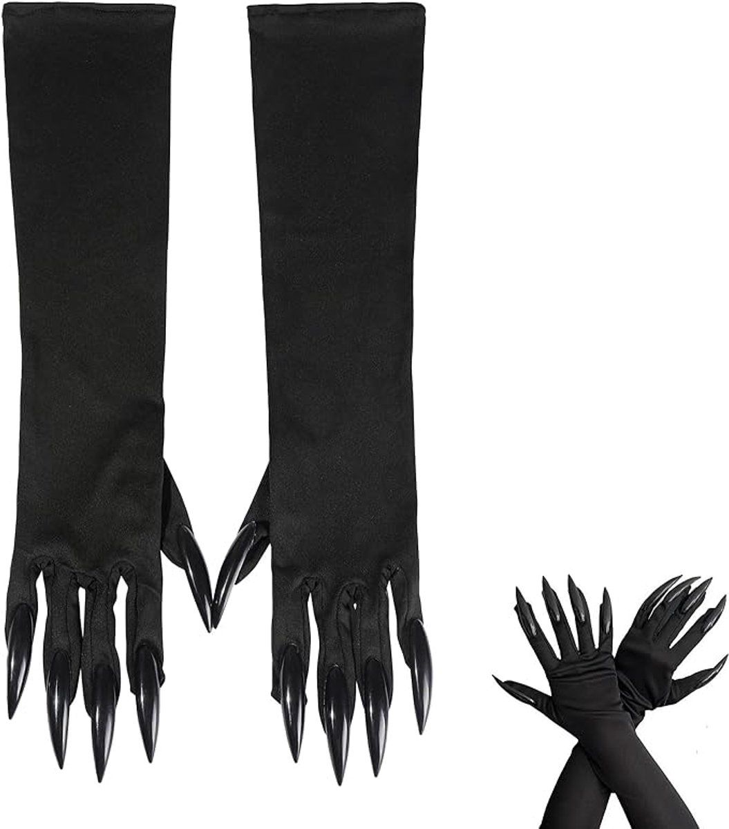 Halloween Claw Gloves 1 Pair, Witch Devil Wolf Vampire Paw Gloves with Long Nails for Cosplay Party Costume Accessories, Black Long Gloves