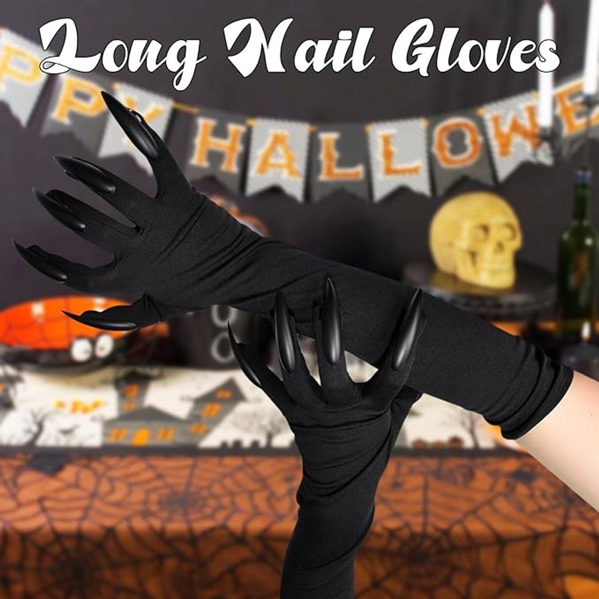Halloween Claw Gloves 1 Pair, Witch Devil Wolf Vampire Paw Gloves with Long Nails for Cosplay Party Costume Accessories, Black Long Gloves