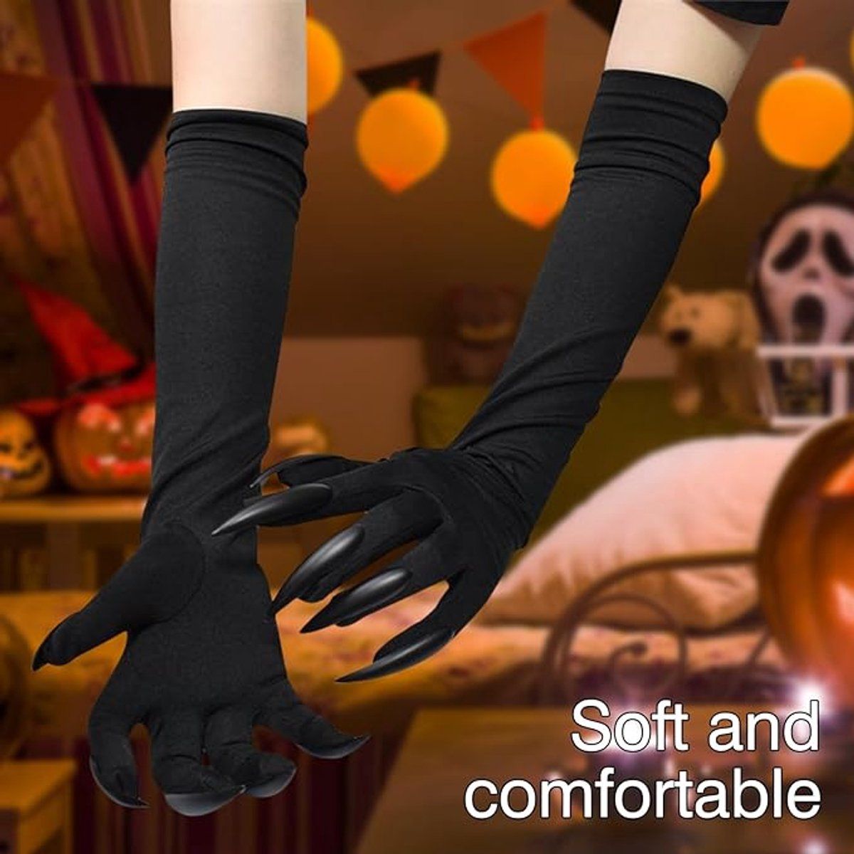 Halloween Claw Gloves 1 Pair, Witch Devil Wolf Vampire Paw Gloves with Long Nails for Cosplay Party Costume Accessories, Black Long Gloves