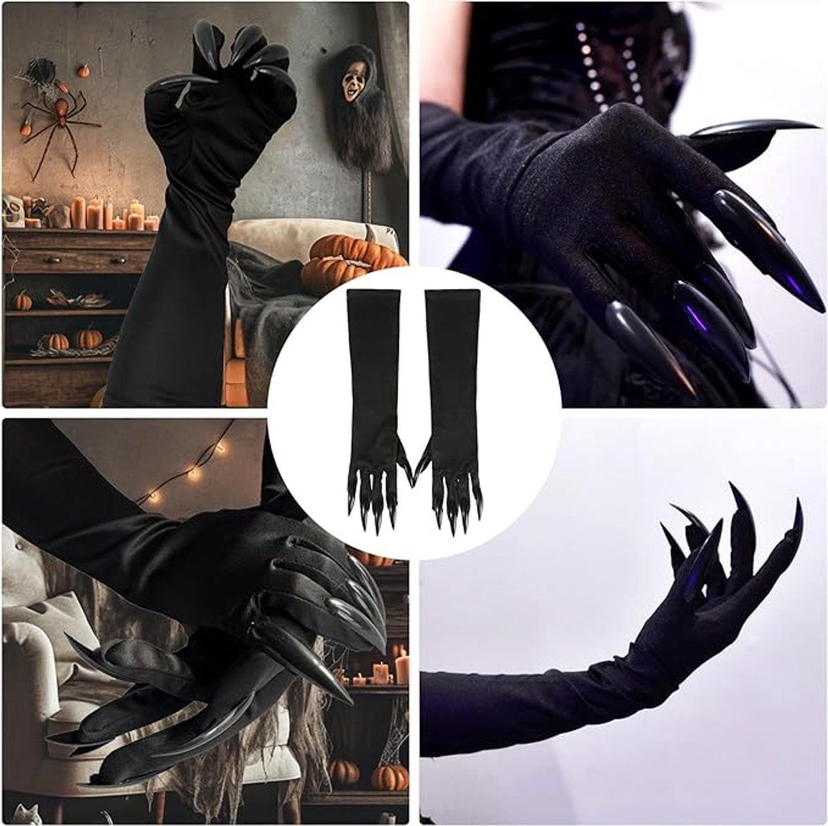 Halloween Claw Gloves 1 Pair, Witch Devil Wolf Vampire Paw Gloves with Long Nails for Cosplay Party Costume Accessories, Black Long Gloves