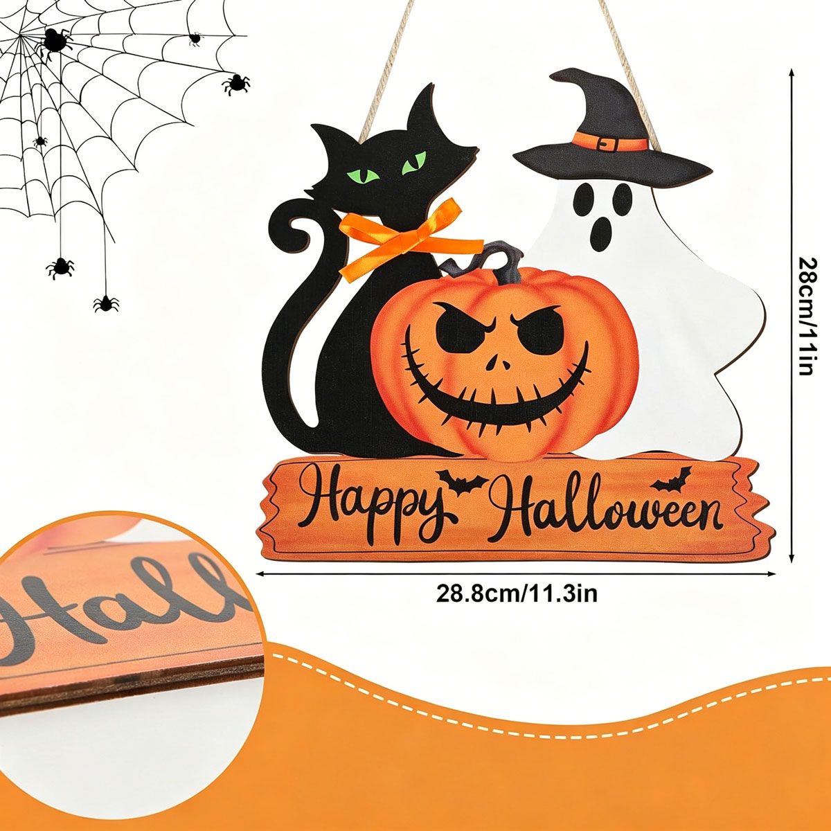Halloween Black Cat Ghost Pumpkin Wooden Hanging Sign 11inch