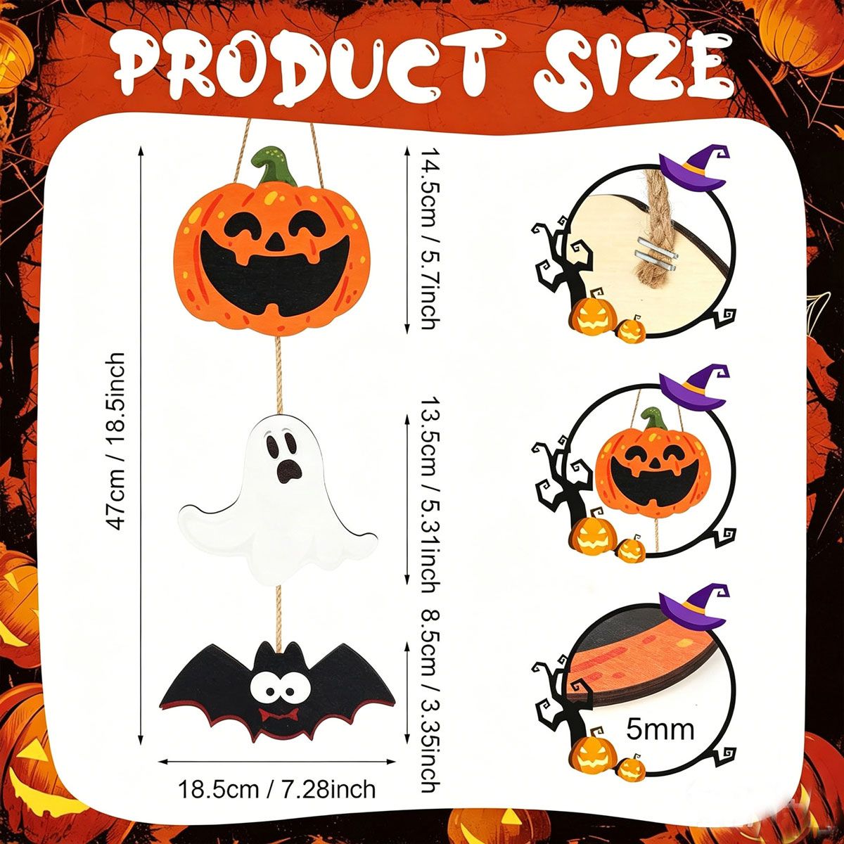 Halloween Pumpkin Ghost Bat Hanging Ornament Set 18.5inch