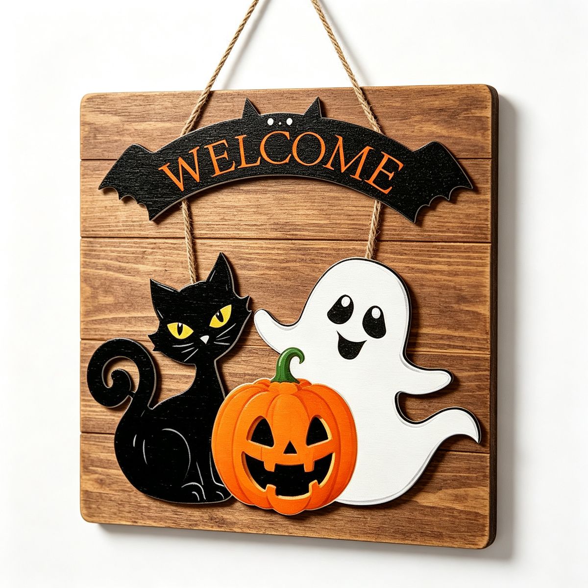 Halloween Welcome Black Cat Ghost Wooden Hanging Sign 12inch