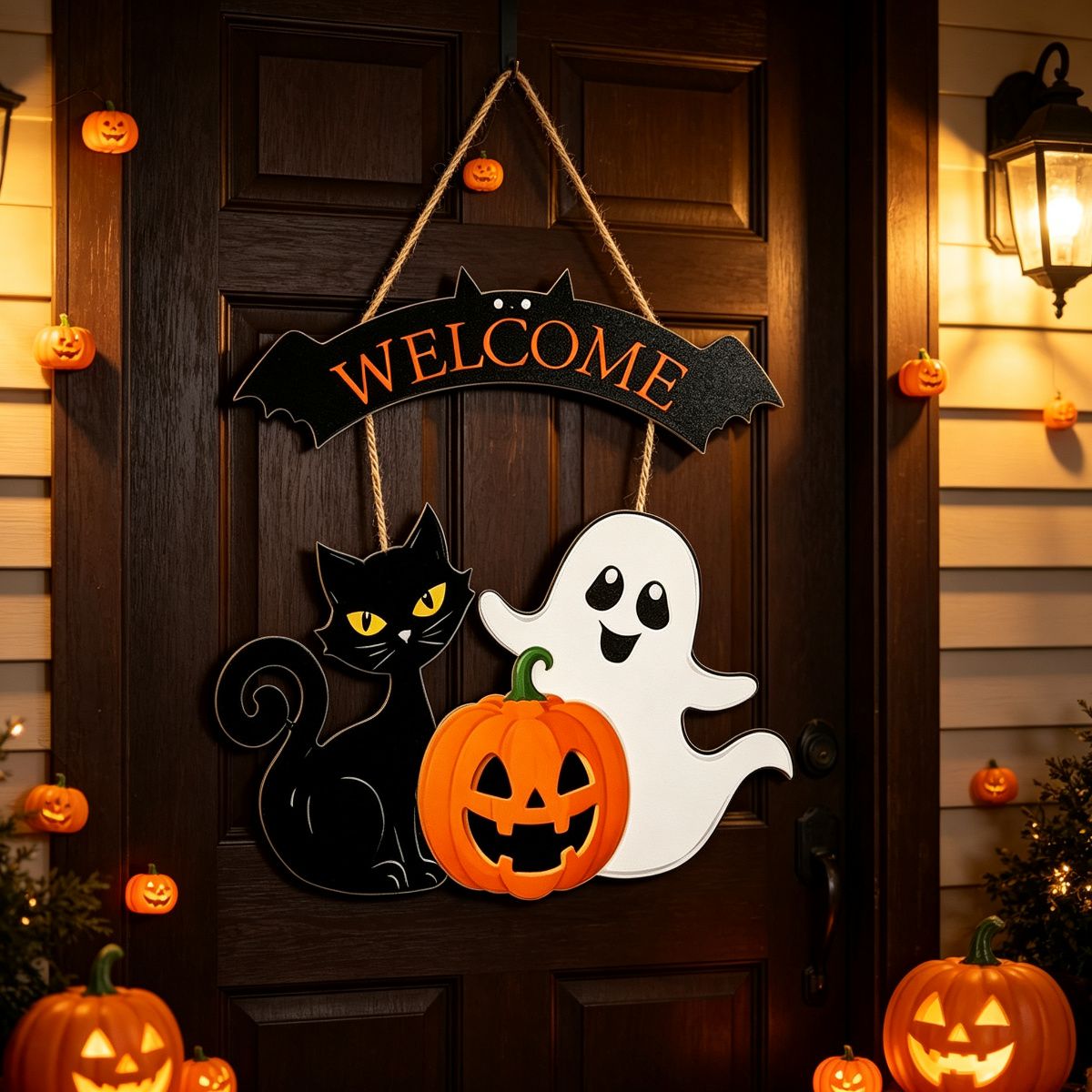 Halloween Welcome Black Cat Ghost Wooden Hanging Sign 12inch