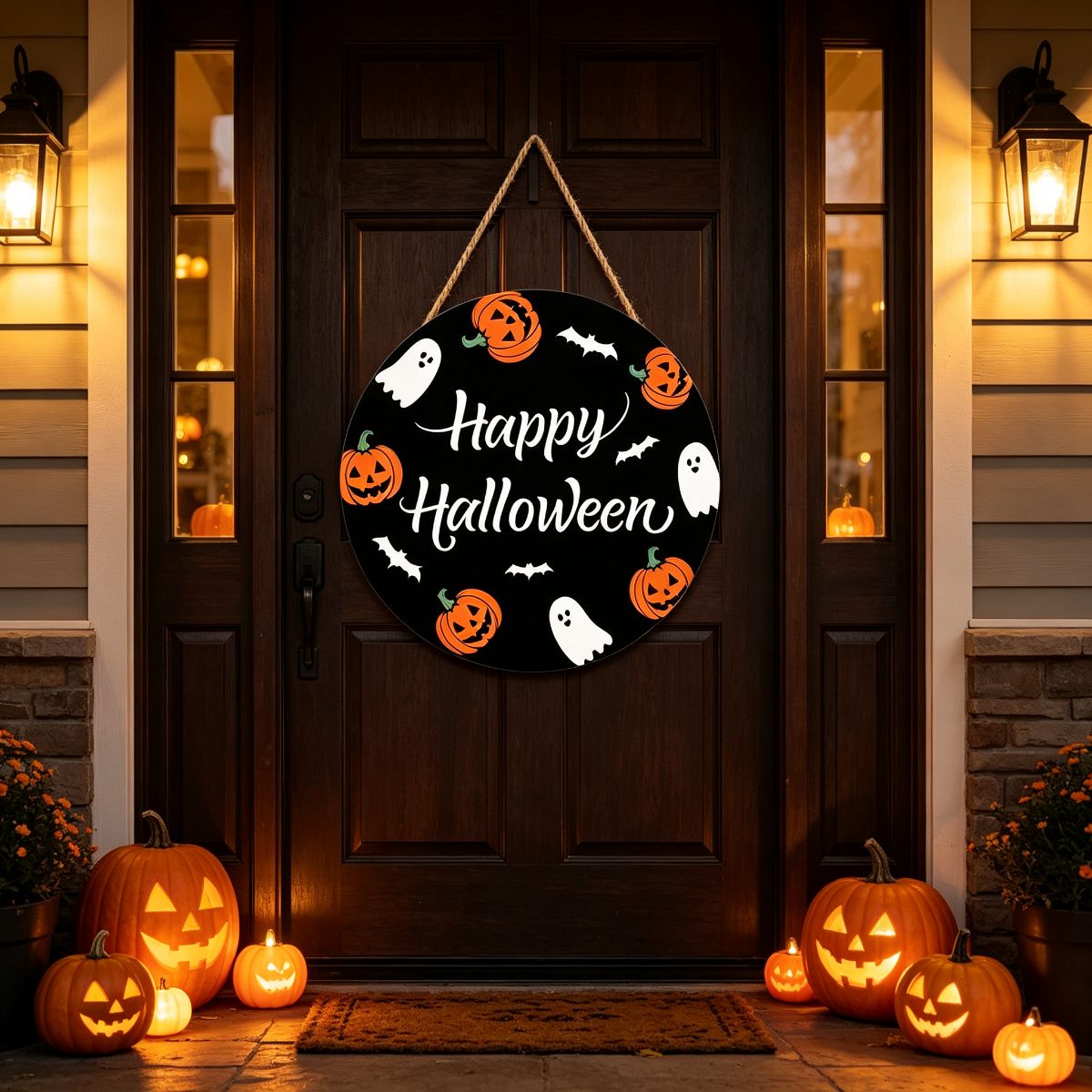 Halloween Happy Halloween Pumpkin Ghost Wooden Hanging Sign 12inch