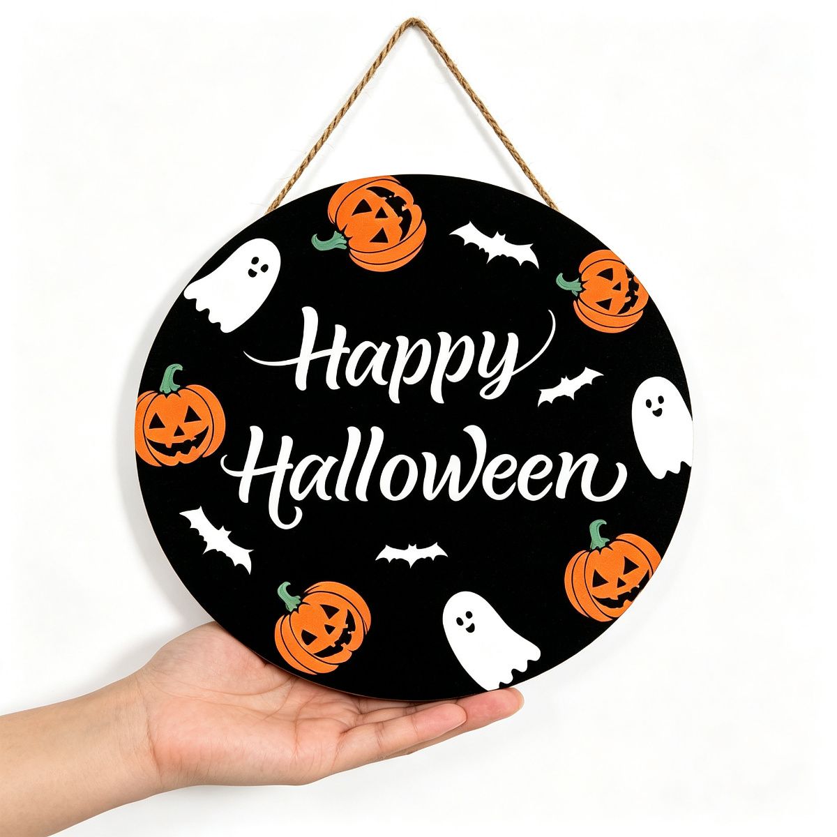 Halloween Happy Halloween Pumpkin Ghost Wooden Hanging Sign 12inch