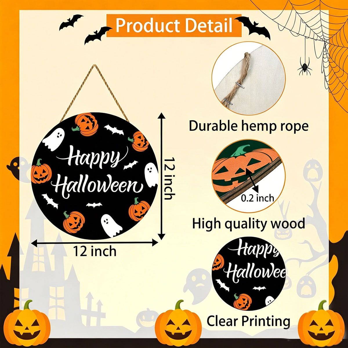 Halloween Happy Halloween Pumpkin Ghost Wooden Hanging Sign 12inch