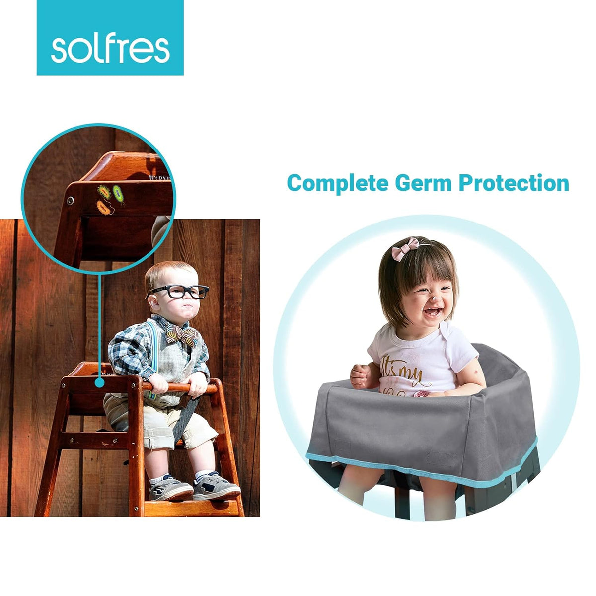 Dual-Belt Baby High Chair Cover, Upgrade Version, for Wooden or Restaurant High Chair, Sturdy and Robust Material, Waterproof Washable Stain and Slip Resistant, Gray