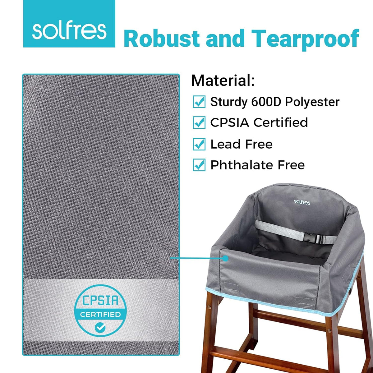 Dual-Belt Baby High Chair Cover, Upgrade Version, for Wooden or Restaurant High Chair, Sturdy and Robust Material, Waterproof Washable Stain and Slip Resistant, Gray