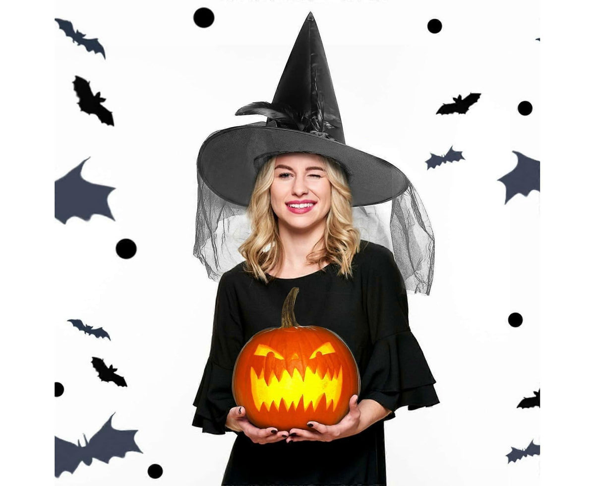 Halloween Witch Hat - Halloween Costume Witches Hats for Women attached with Roses & Feathers-Black