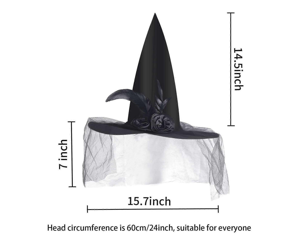 Halloween Witch Hat - Halloween Costume Witches Hats for Women attached with Roses & Feathers-Black