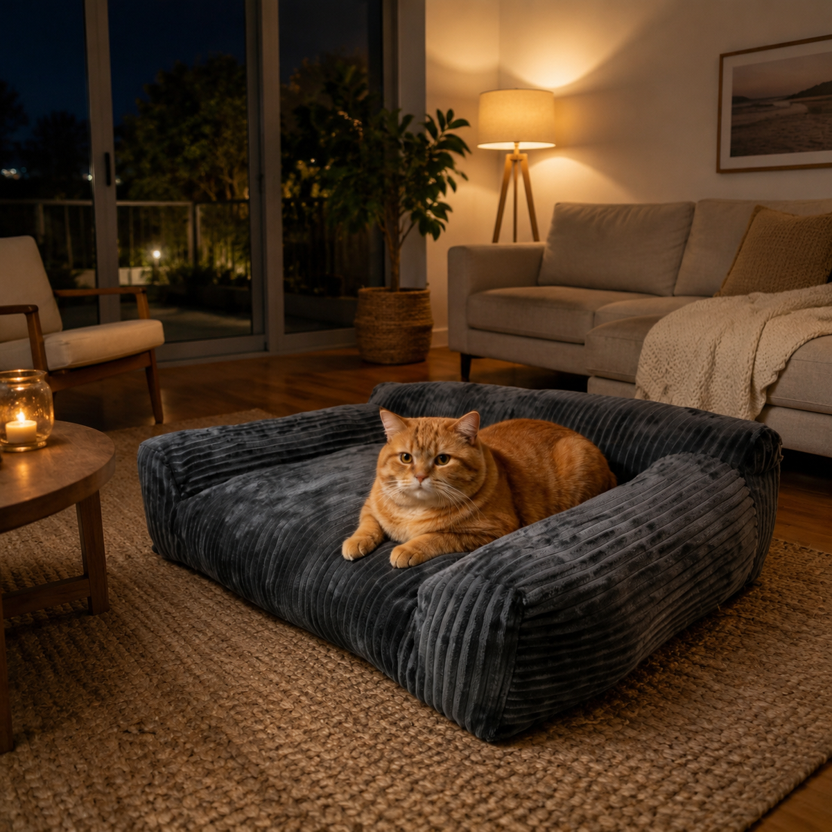 Soft Corduroy Pet Sofa Bed with Bolster Support for Cats and Small to Medium Dogs, Machine Washable Cover for Indoor Home Use (Grey)