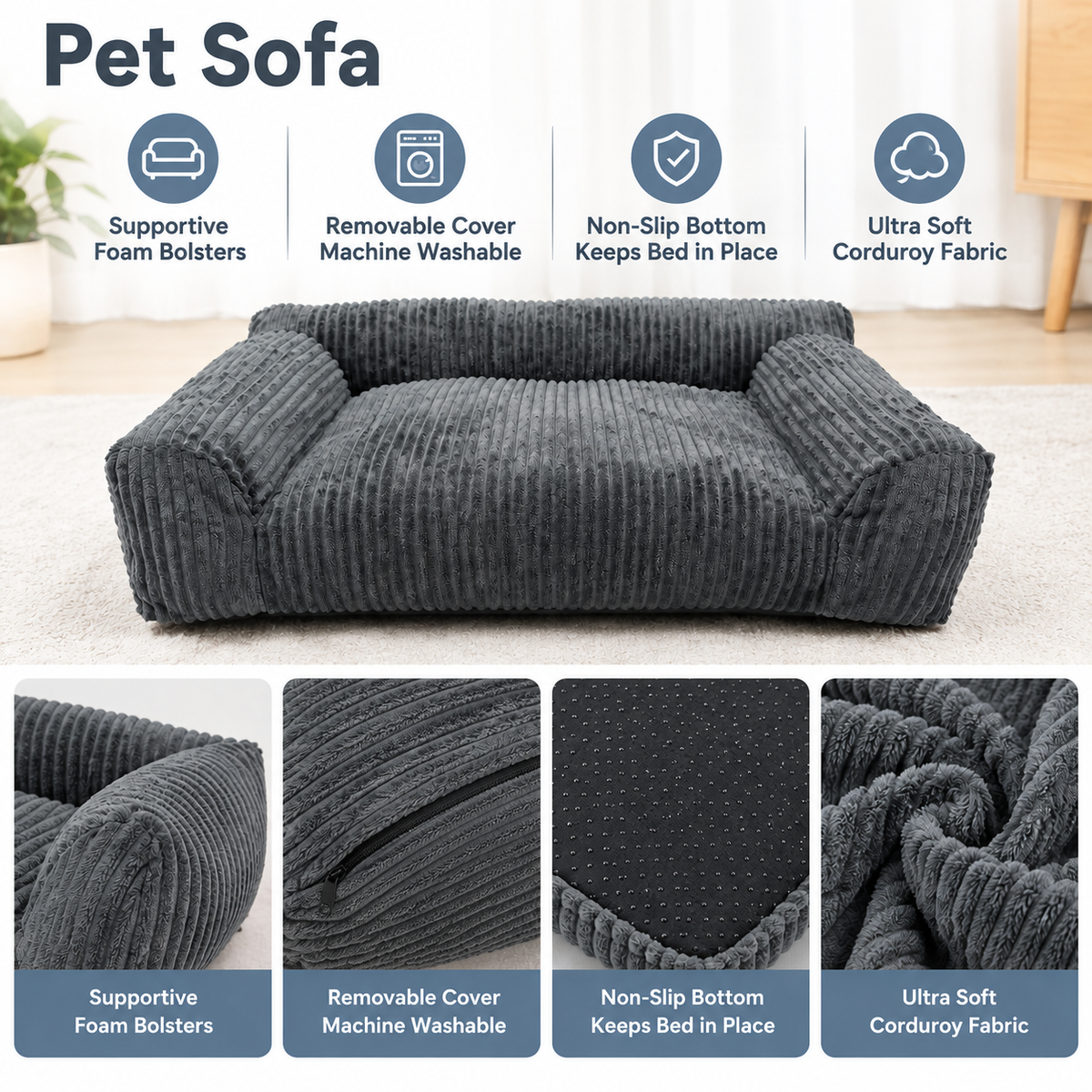 Soft Corduroy Pet Sofa Bed with Bolster Support for Cats and Small to Medium Dogs, Machine Washable Cover for Indoor Home Use (Grey)