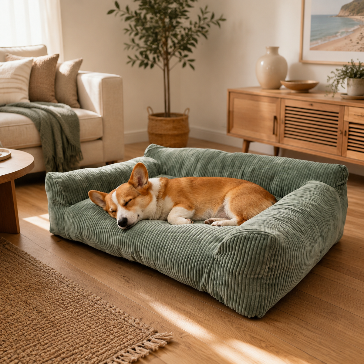 Soft Corduroy Pet Sofa Bed with Bolster Support for Cats and Small to Medium Dogs, Machine Washable Cover for Indoor Home Use (Grey)