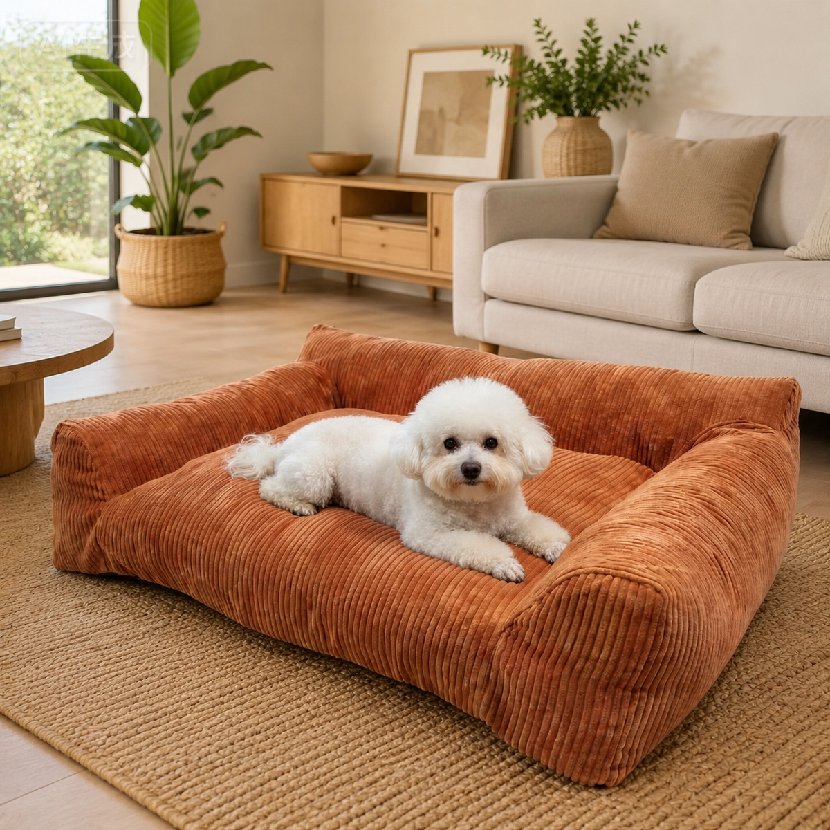 Soft Corduroy Pet Sofa Bed with Bolster Support for Cats and Small to Medium Dogs, Machine Washable Cover for Indoor Home Use (Grey)