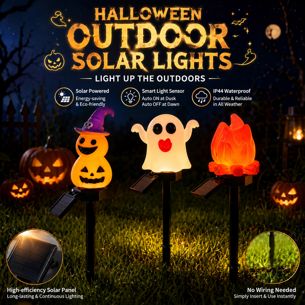 Halloween Solar Pathway Lights Set, 3 Spooky Designs Including Pumpkin with Witch Hat, Cute Ghost, and Faux Campfire, Warm Glow, Auto On/Off, Waterproof Solar Stake Lights for Outdoor Garden Yard Path Decor (Flame, 1PCS)