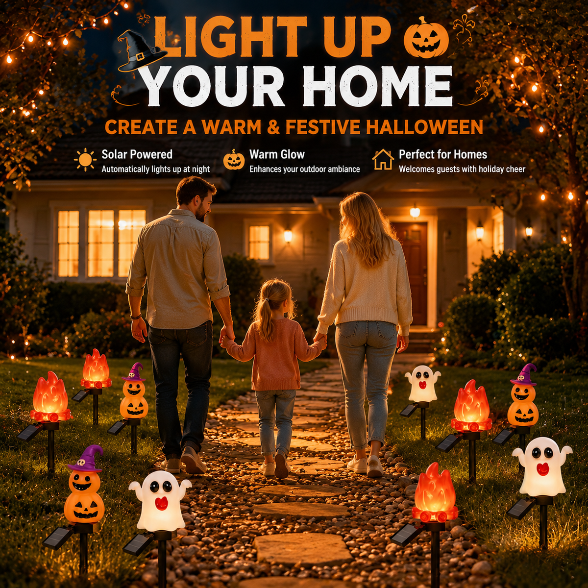 Halloween Solar Pathway Lights Set, 3 Spooky Designs Including Pumpkin with Witch Hat, Cute Ghost, and Faux Campfire, Warm Glow, Auto On/Off, Waterproof Solar Stake Lights for Outdoor Garden Yard Path Decor (Pumpkin, 1PCS)