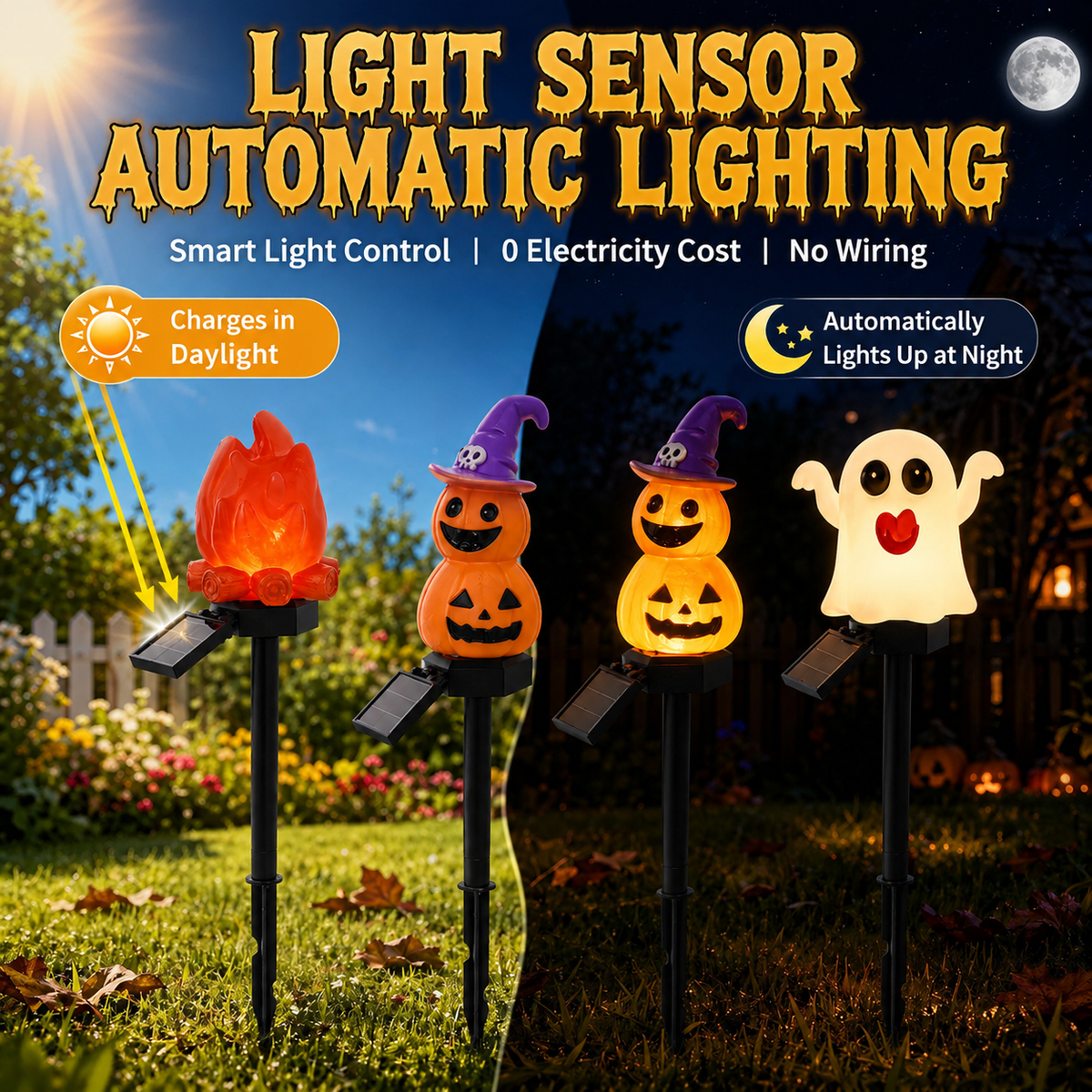 Halloween Solar Pathway Lights Set, 3 Spooky Designs Including Pumpkin with Witch Hat, Cute Ghost, and Faux Campfire, Warm Glow, Auto On/Off, Waterproof Solar Stake Lights for Outdoor Garden Yard Path Decor (Pumpkin, 1PCS)