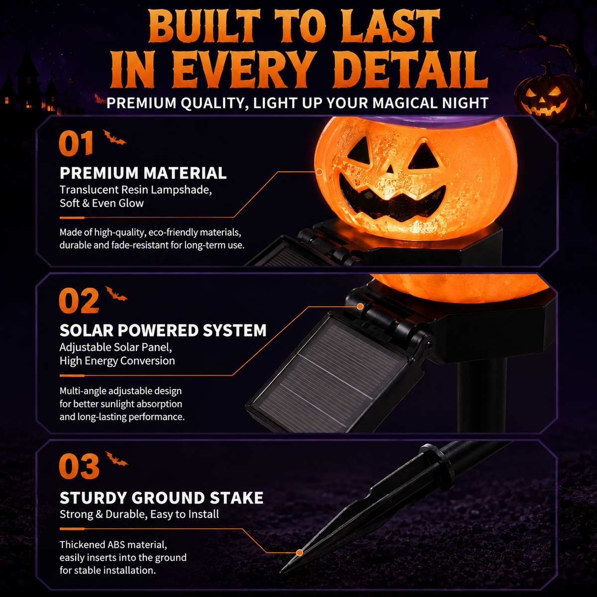 Halloween Solar Pathway Lights Set, 3 Spooky Designs Including Pumpkin with Witch Hat, Cute Ghost, and Faux Campfire, Warm Glow, Auto On/Off, Waterproof Solar Stake Lights for Outdoor Garden Yard Path Decor (Pumpkin, 1PCS)