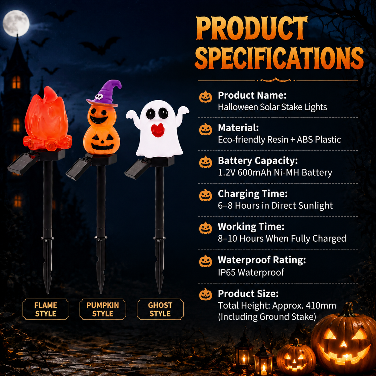 Halloween Solar Pathway Lights Set, 3 Spooky Designs Including Pumpkin with Witch Hat, Cute Ghost, and Faux Campfire, Warm Glow, Auto On/Off, Waterproof Solar Stake Lights for Outdoor Garden Yard Path Decor (Pumpkin, 1PCS)