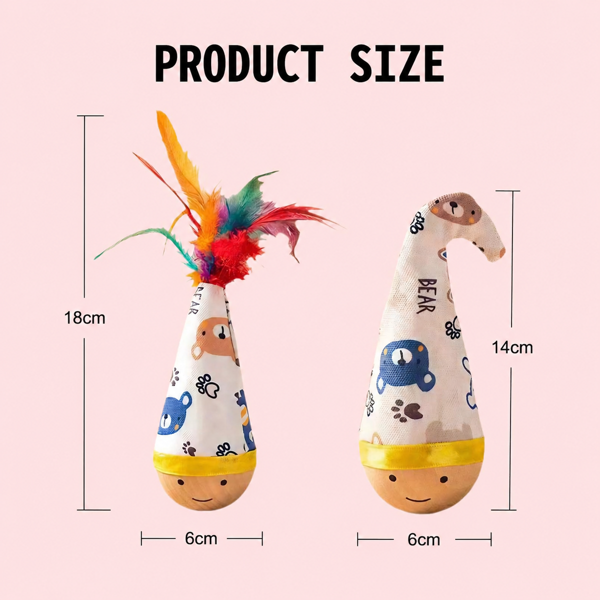 Self-Righting Pet Toy with Natural Wood Base and Durable Fabric Top, Featuring Feather Options and Playful Smile Design, Perfect for Indoor Cats and Small Dogs to Chase, Bat, and Enjoy Endless Fun. (Combo3)
