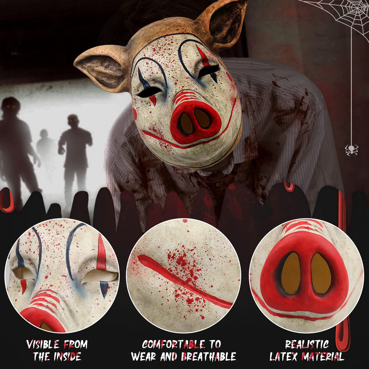 Halloween Scary Pig Mask Costume Horror Pig Joker Mask Bloody Animal Butcher Full Head Headgear for Adult Cosplay Props Latex