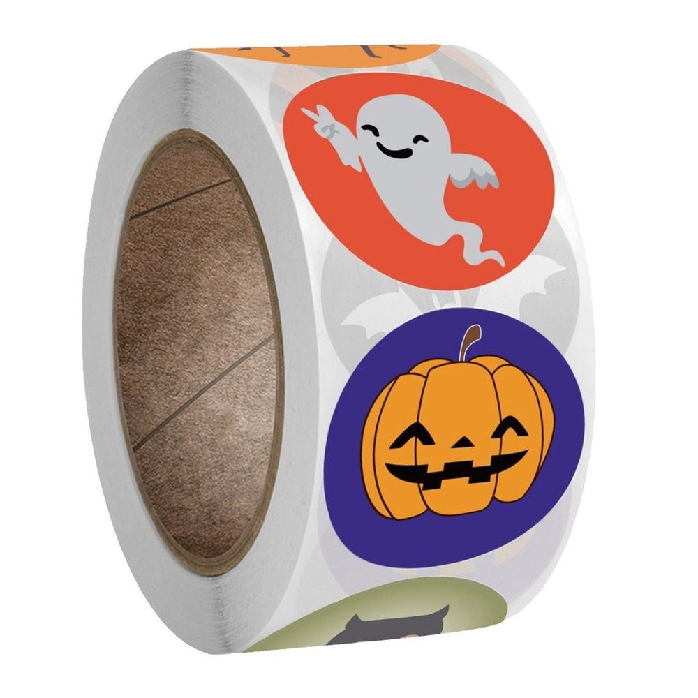 1 Roll 500 Stickers Cute Halloween Stickers for Kids, Self Adhesive Halloween Sticker Roll Labels with Pumpkin, Halloween Birthday Party Decorations Accessories