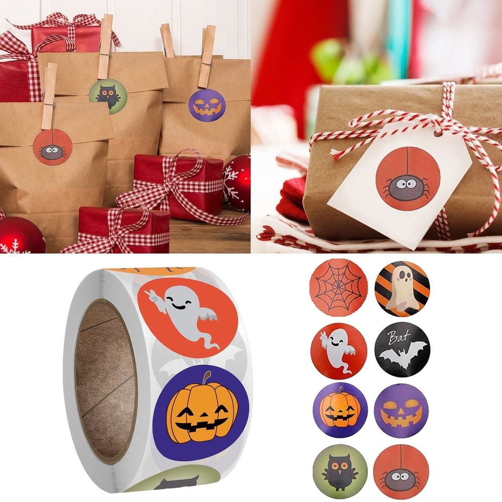 1 Roll 500 Stickers Cute Halloween Stickers for Kids, Self Adhesive Halloween Sticker Roll Labels with Pumpkin, Halloween Birthday Party Decorations Accessories