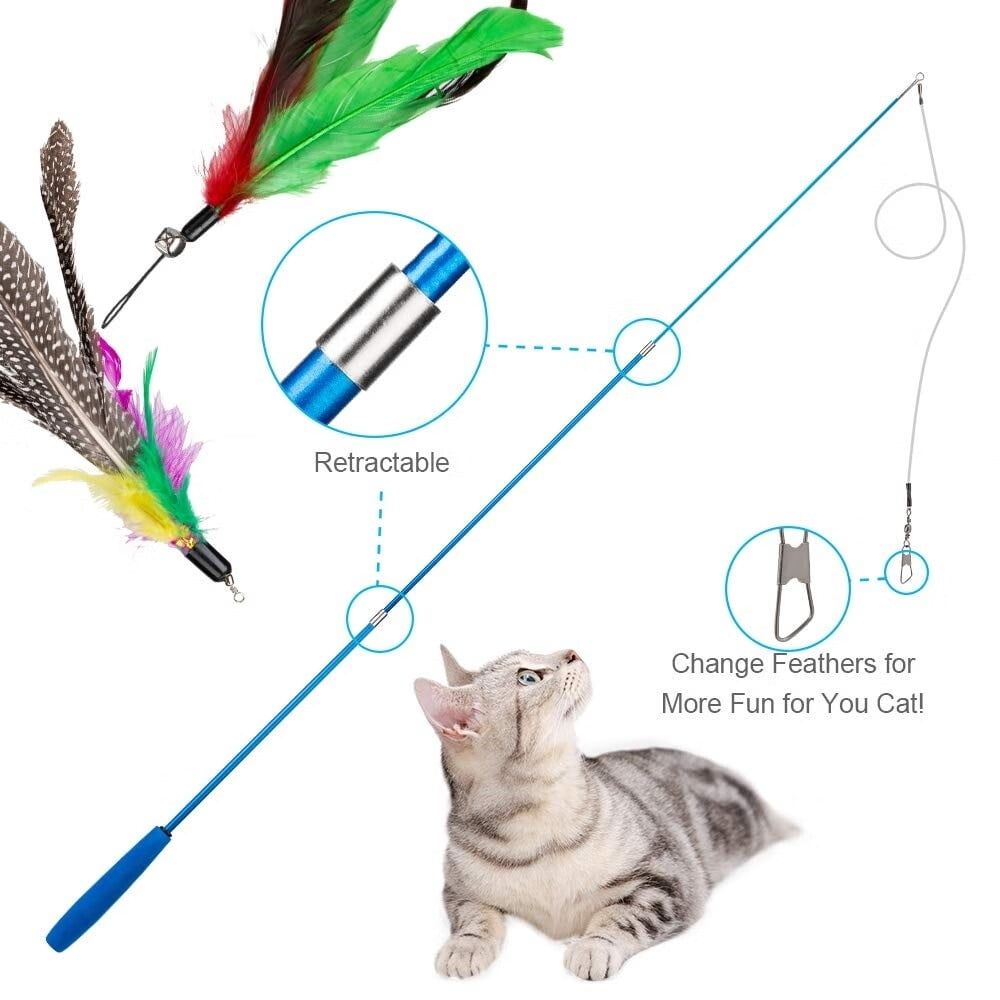 Cat Toys Feather Toy,2PCS Retractable Wand and 9PCS Replacement Teaser with Bell Refills,Interactive Catcher and Funny Exercise for Kitten.