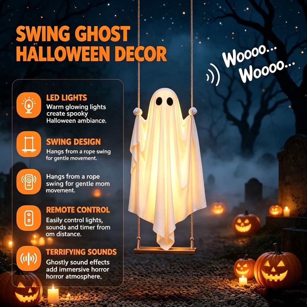 47' Hanging Swing Ghost Halloween Decorations Outdoor, Ready-to-Hang Ghost, Remote Waterproof Lights, Ideal for Porches, Trees, Uards & Entryways