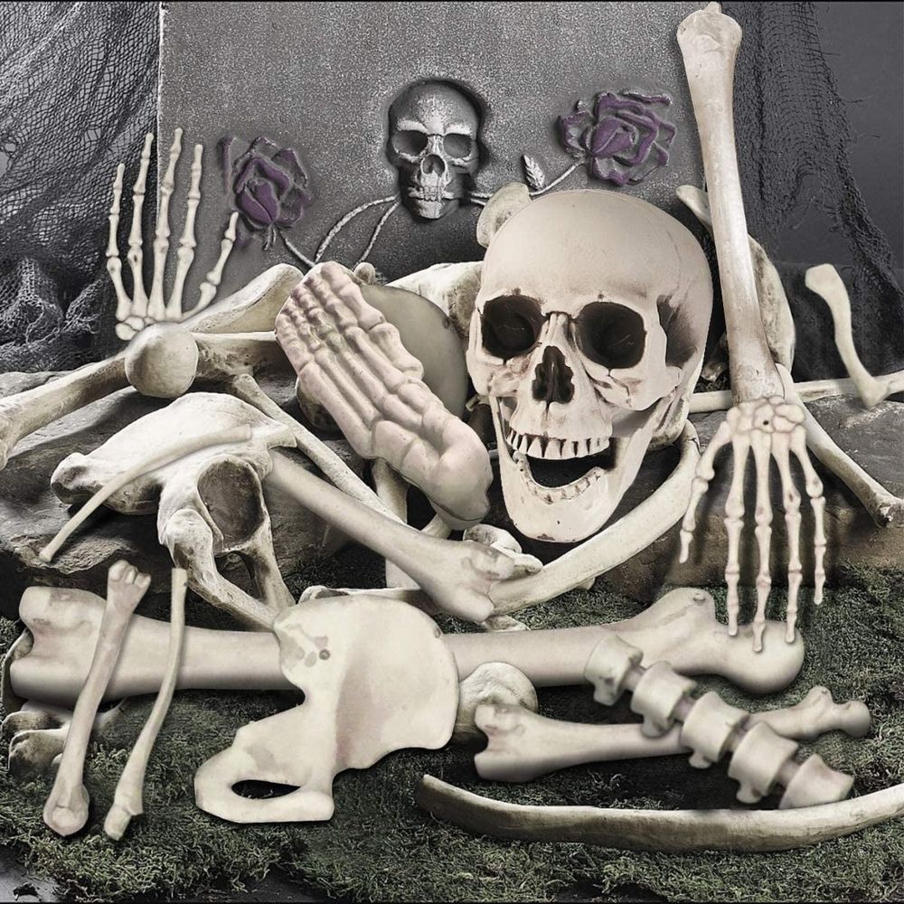 Bag of Skeleton Bones Halloween Decorations, Realistic Skull and Bones Set, Groundbreaker Skeleton Parts for Yard Lawn Graveyard Indoor Outdoor