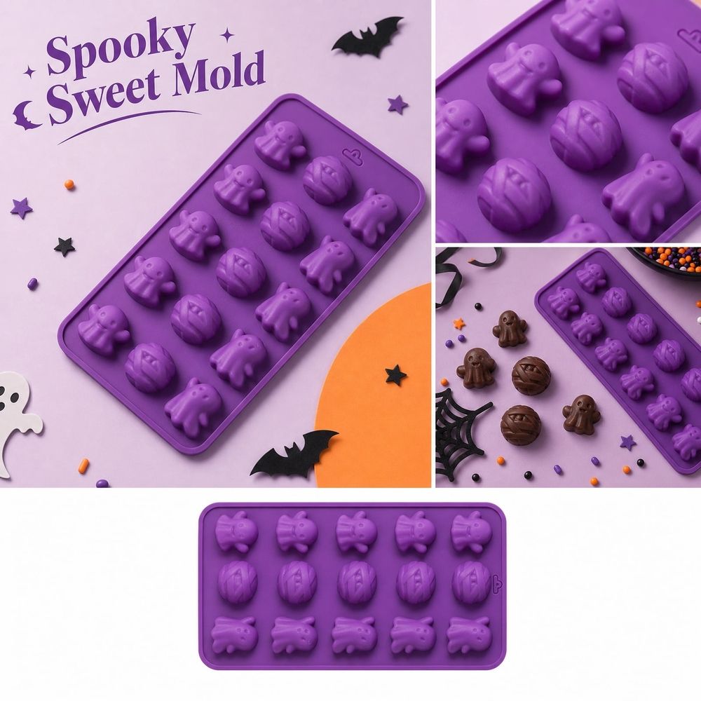 Halloween Silicone Molds, Ghost & Mummy Chocolate Candy Mold, 15 Cavity Food‑Grade Silicone Tray for Gummy Jelly Cake Pop Candle Wax Soap, Halloween Baking Supplies