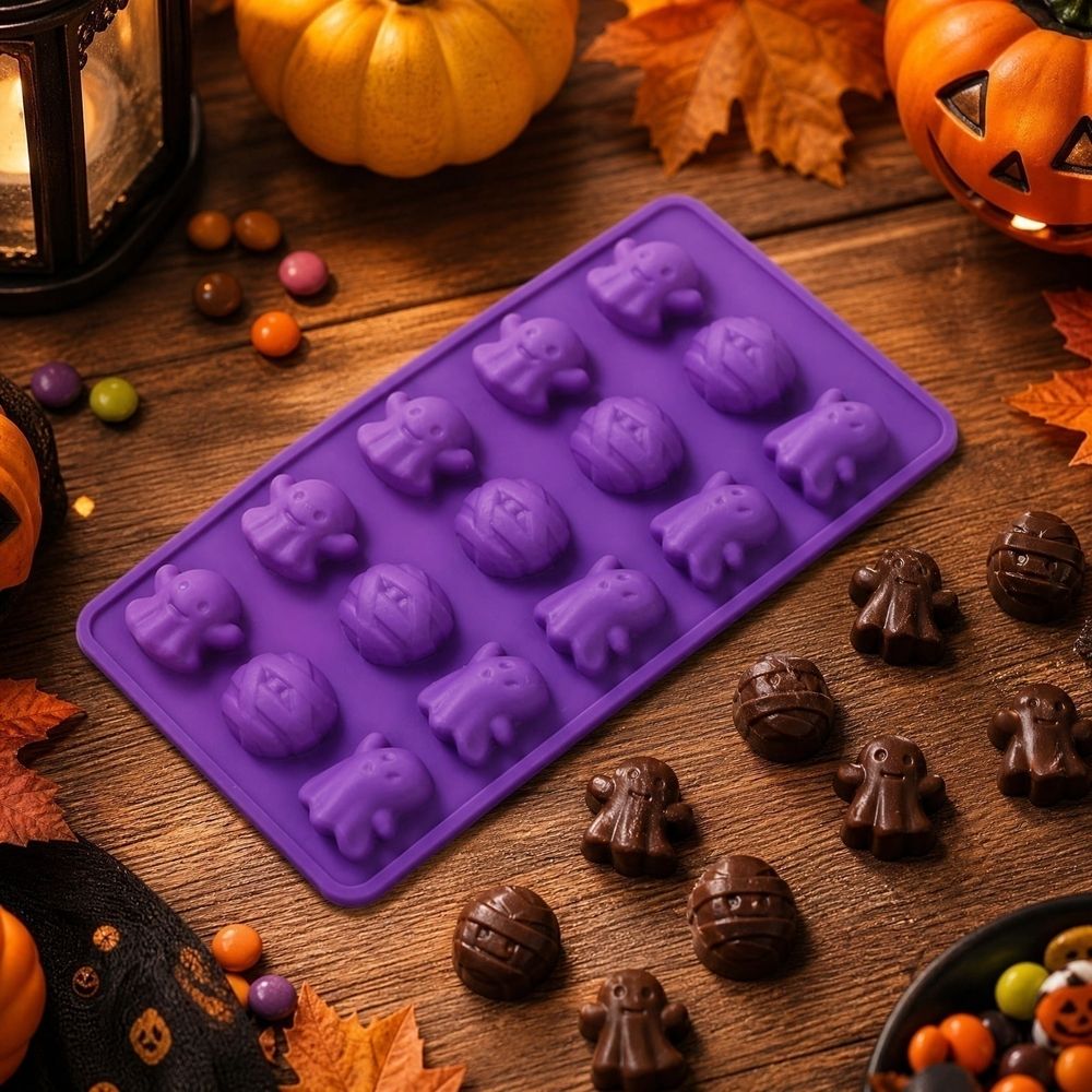 Halloween Silicone Molds, Ghost & Mummy Chocolate Candy Mold, 15 Cavity Food‑Grade Silicone Tray for Gummy Jelly Cake Pop Candle Wax Soap, Halloween Baking Supplies