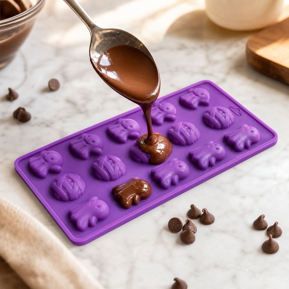 Halloween Silicone Molds, Ghost & Mummy Chocolate Candy Mold, 15 Cavity Food‑Grade Silicone Tray for Gummy Jelly Cake Pop Candle Wax Soap, Halloween Baking Supplies