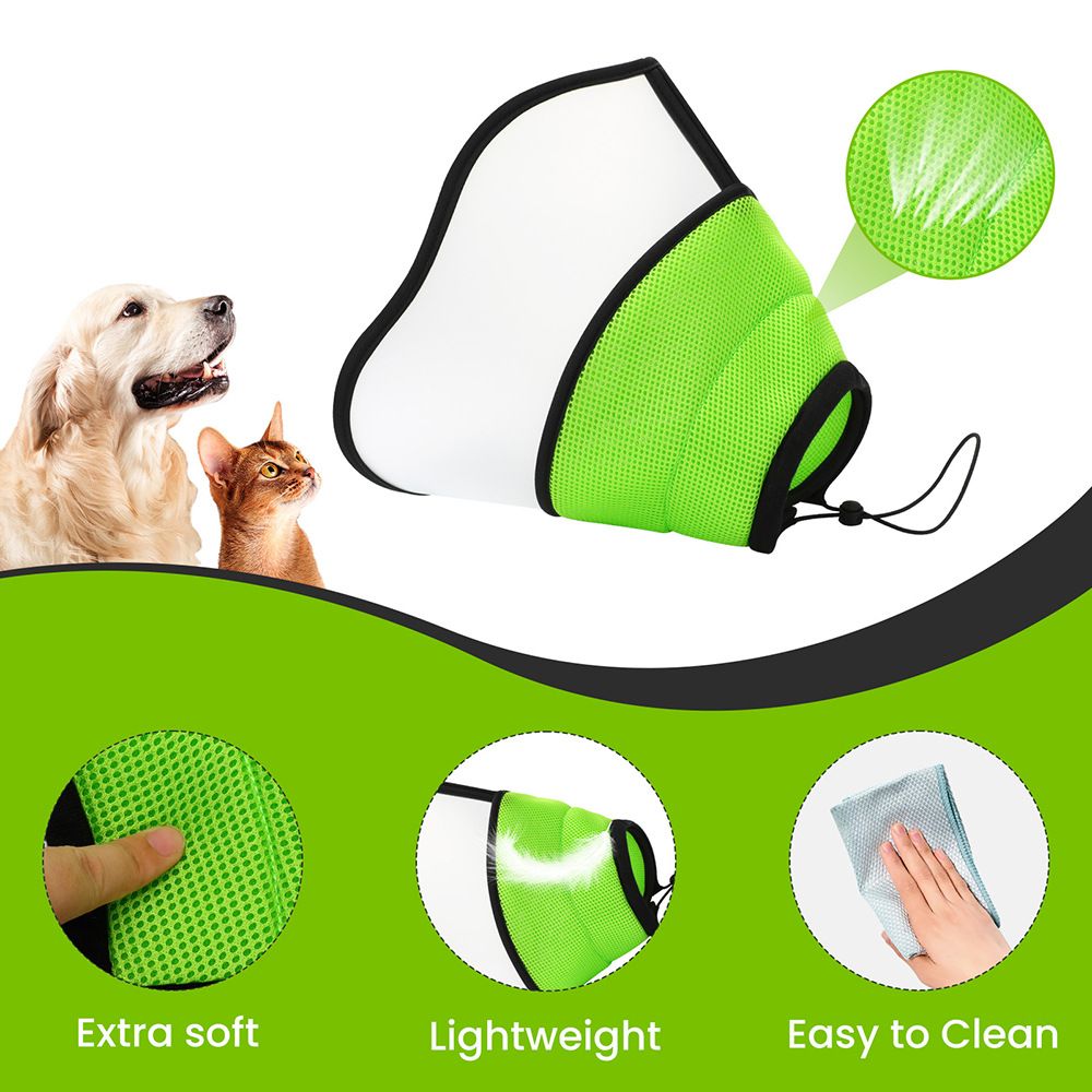Recovery Cone Collar Breathable Post-Surgery Pet Dog Adjustable Fastener Tape Soft Fabric  Wounds Fluorescent Green L