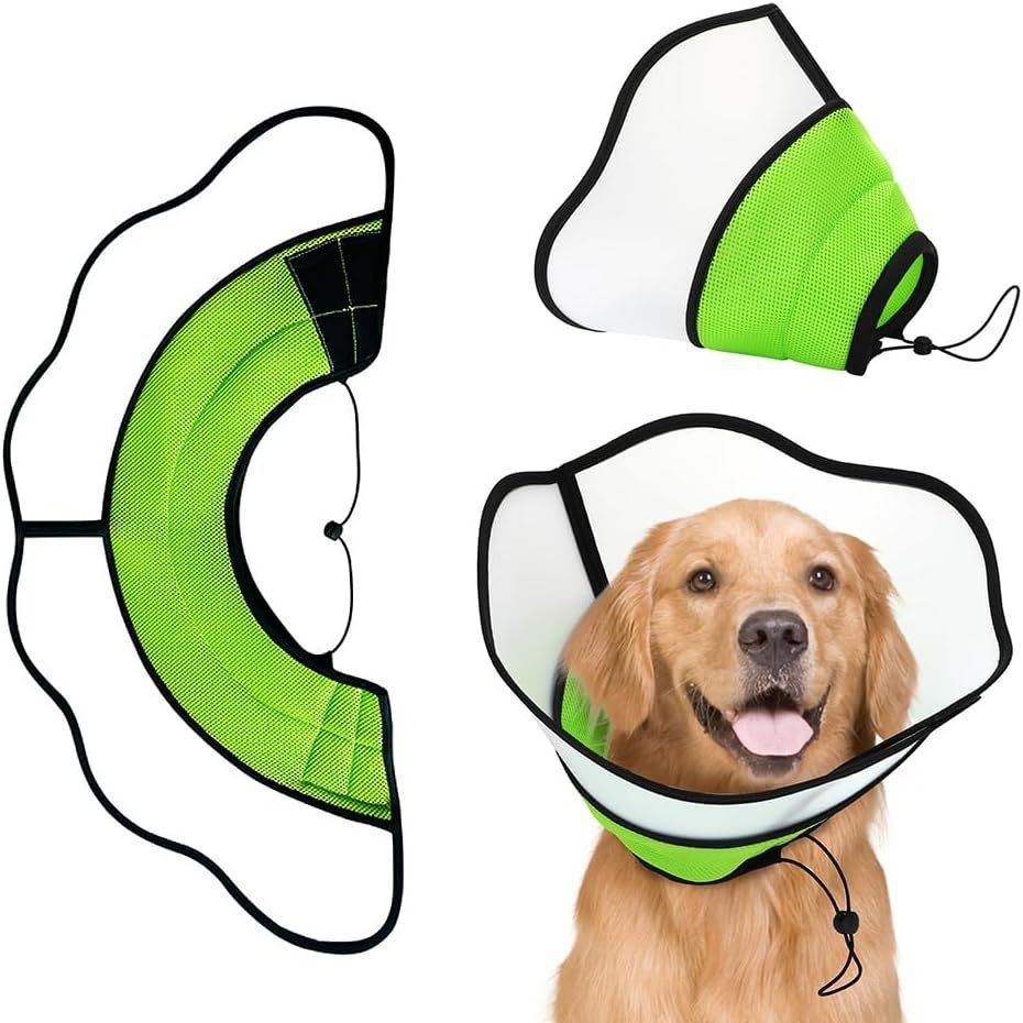 Recovery Cone Collar Breathable Post-Surgery Pet Dog Adjustable Fastener Tape Soft Fabric  Wounds Fluorescent Green L